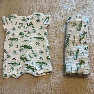 3-6 month Angel Dear Gator Shortall and Matching Swaddle